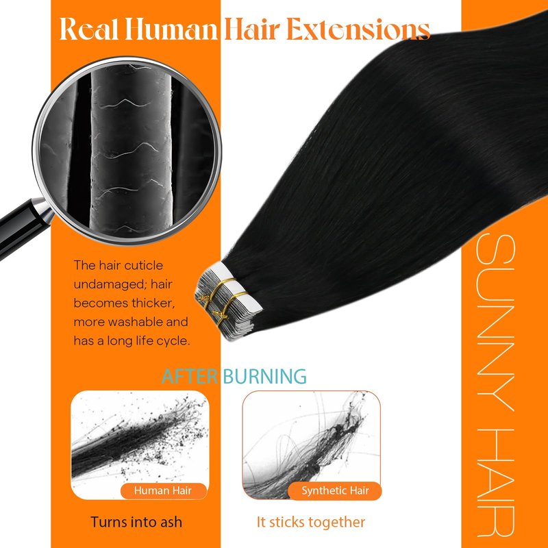 Sunny Hair Tape in Hair Extensions Human Hair 18inch Hair Extensions Real Human Hair Tape in Extensions Jet Black Tape in Extensions for Women 20Pcs 50g