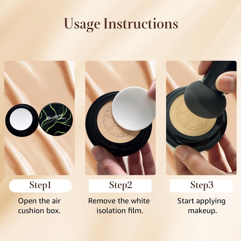 Mushroom Head Air Cushion CC Cream Gift Set, 1 Full-Size Makeup Foundation with 2 Refills & 1 Special Mushroom Head Puff, Self Adjusting Concealer (Natural)