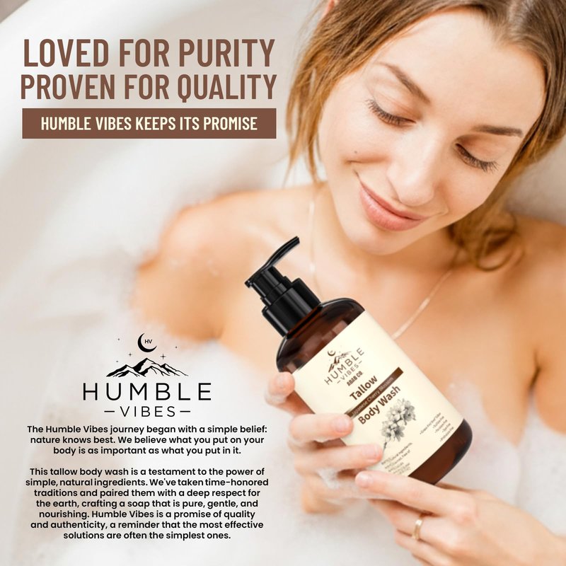 HUMBLE VIBES New!, Natural Tallow Body Wash, Made With Naturally Derived Plant Based Ingredients & Tallow, Free of Harsh Chemicals, Great for Eczema, Itchy Dry Skin, Moisturization, Teakwood & Amber