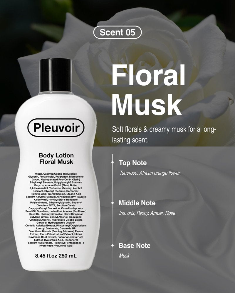 Pleuvoir Floral Musk Body Lotion for Women, Fast-Absorbing Perfume Cream with 5 Hyaluronic Acids, Ceramide NP & Peptide, Hydrating K-Beauty Moisturizer for Dry Skin, French MANE, Vegan, 8.45 fl oz