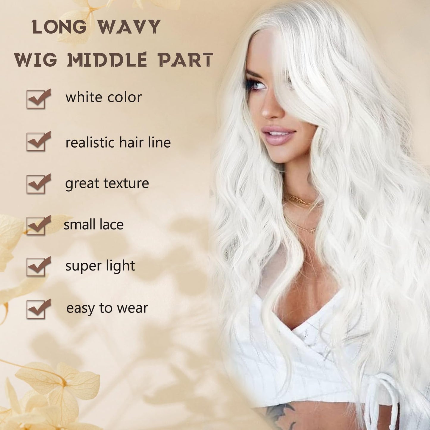 BEAUTIFA White Wig for Women, Long White Wavy Wig Middle Part 26 Inch Heat Resistant Synthetic Wigs for Daily Party Use