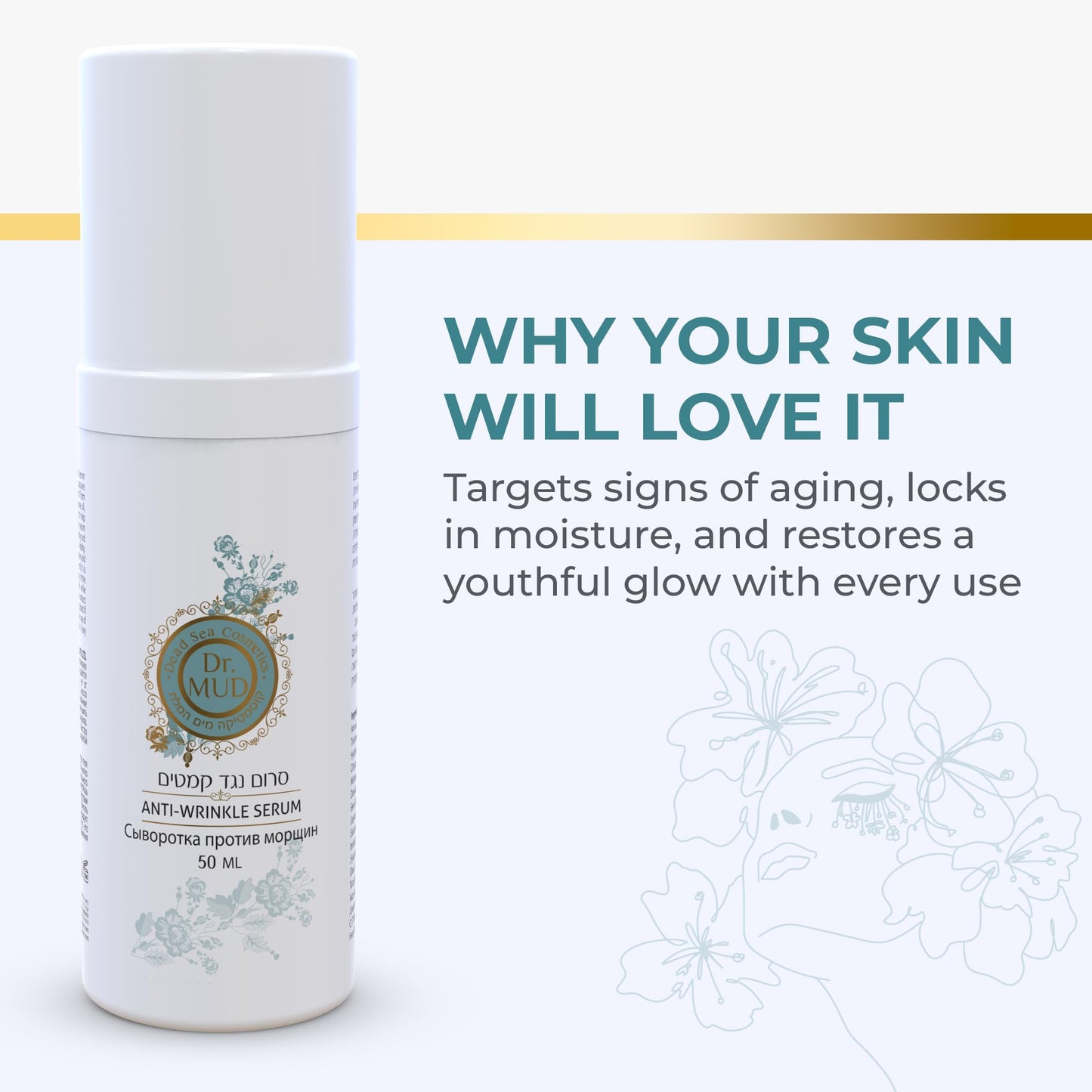 Dr Mud Anti aging Brightening Serum for Wrinkles, Dark Spots, Eye Area & Fine Lines - with Dead Sea Minerals, Hyaluronic Acid, Aloe Vera, Vitamin E & Vitamin A, Caster, Jojoba & Sesame Oil - 50 ml