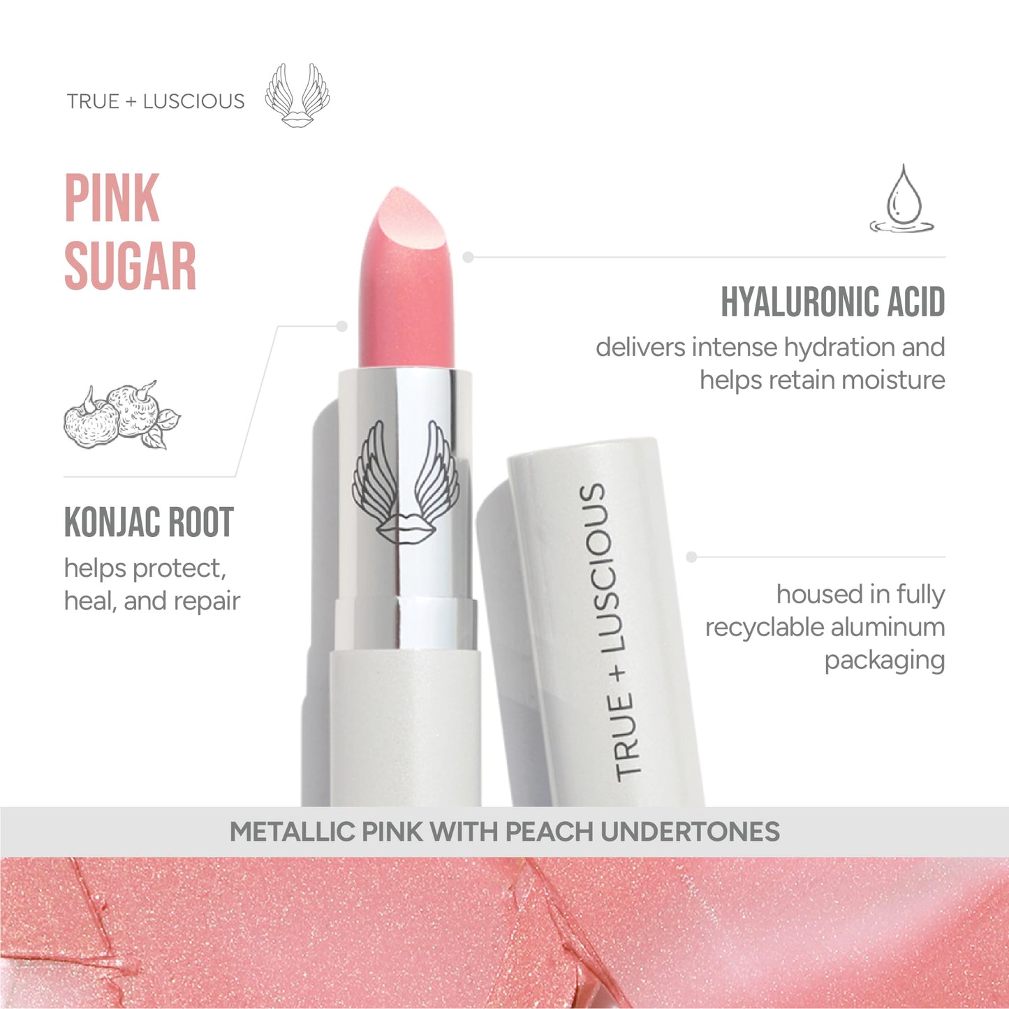 True + Luscious Super Moisture Lipstick | Satin Sheer Lasting Hydrating Lip Color for Dry Lips & All Skin Tones | Lightweight Feel with Hyaluronic Acid & Konjac Root | Vegan | Pink Sugar