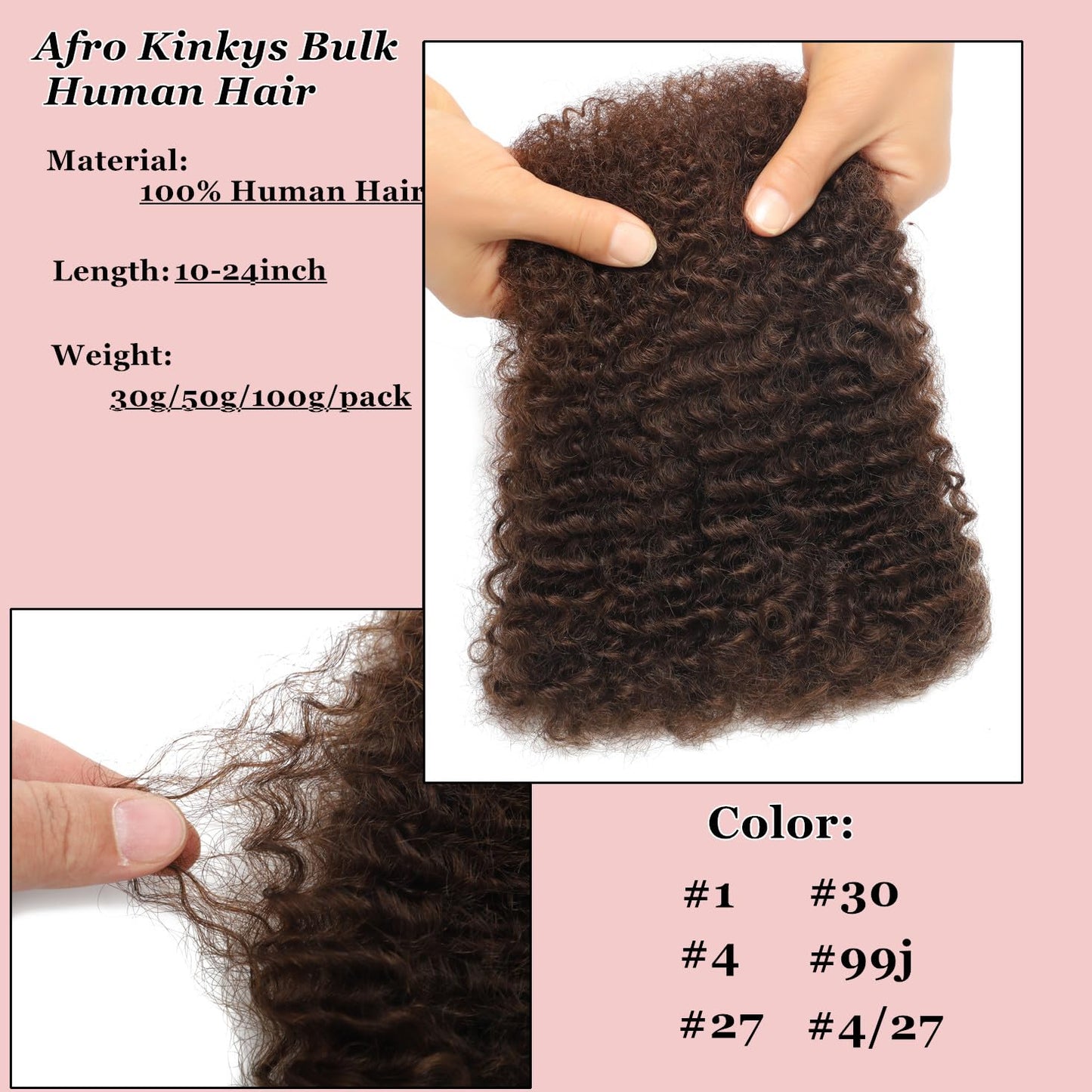 Afro Kinkys Bulk Human Hair 100g 10 Inch Chocolate Brown Afro Kinky Curly Human Hair Bulk for Dreadlock Extensions, Micro Locs, Braiding Twists, Braids and Repair Locs 4#