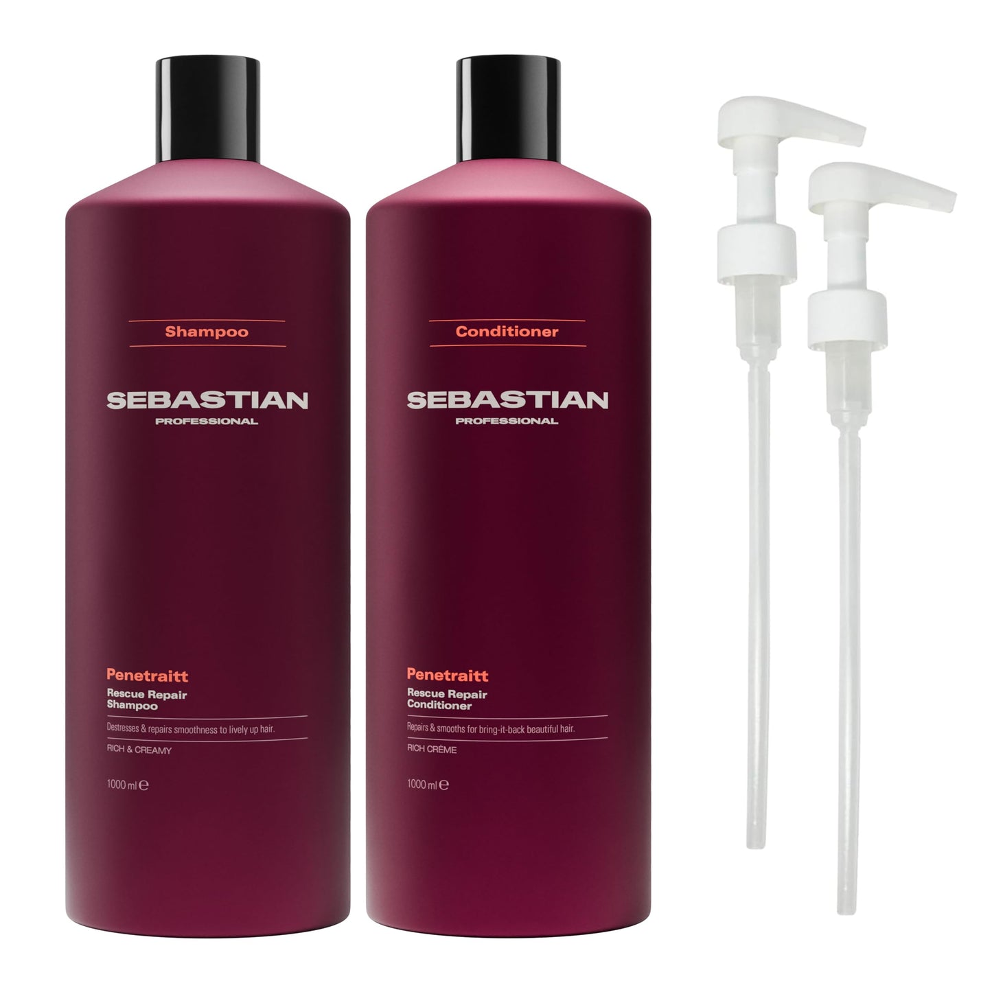 Sebastian Professional Penetraitt Shampoo & Conditioner Duo Set | 33.8 Fl Oz Liter Bottles Prepack with Pumps Included | For Dry, Damaged, & Colored Hair | Packaging May Vary