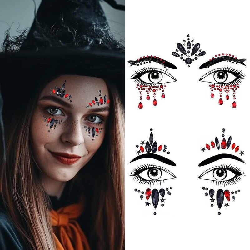 2 Packs Face Gems Jewels Black and Red for Halloween Festival Face Gems Tattoo Stickers Rhinestone Crystal Body Gems Stones for Women Party Costume Makeup
