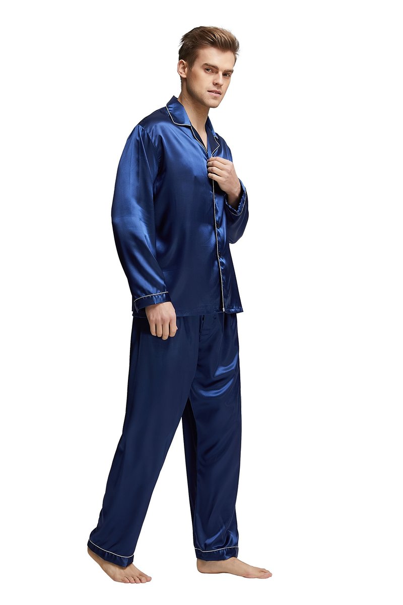 TONY & CANDICE Men's Classic Satin Pajama Set Sleepwear (Large, Blue with White Piping)