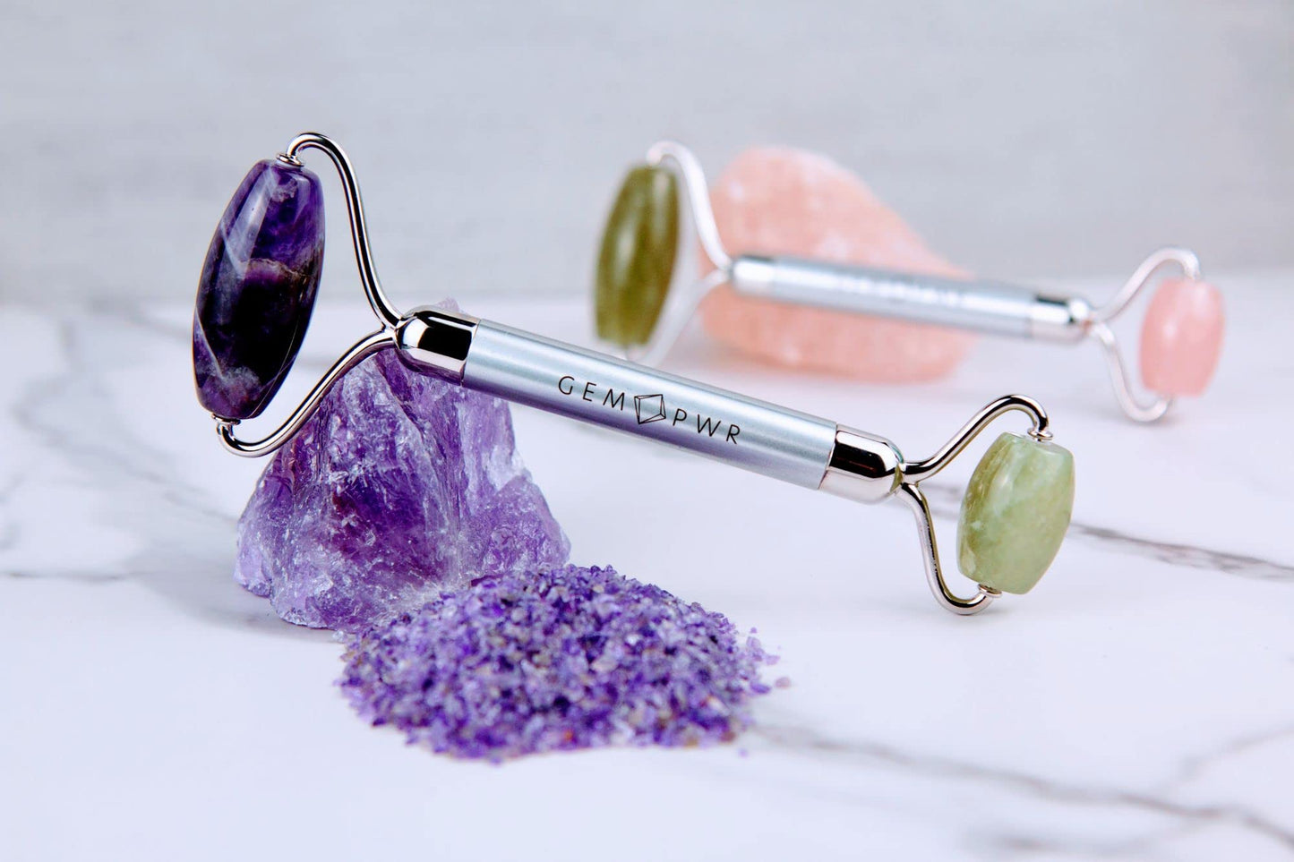 GEM PWR Amethyst + Jade Roller for Face and Neck Massage, Dual Gemstones with Durable Steel Handle and Travel Bag. Minimize Wrinkles, Reduce Puffiness and Restore Skin's Elasticity and Radiance