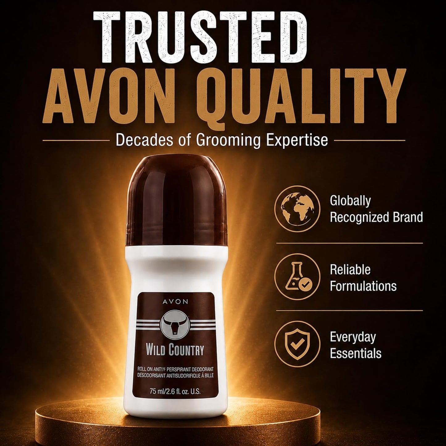 AVON Wild Country Roll-On Antiperspirant Deodorant for Men - 24-Hour Odor Protection, Quick-Dry Formula | Pack of 4, 2.6 oz