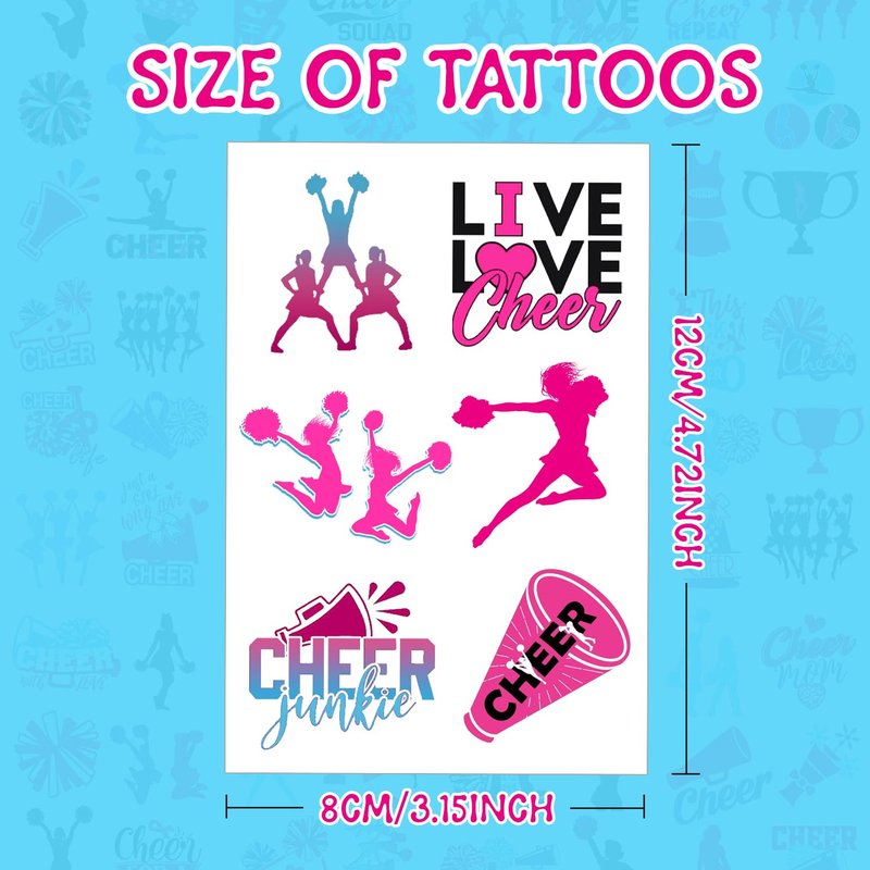 144 PCS Cheer Cheerleader Cheerleading Temporary Tattoos Stickers, Cheer Cheerleader Cheerleading Party Favors Supplies Birthday Party Decorations Sport Team Spirit Gifts, 24 Sheets