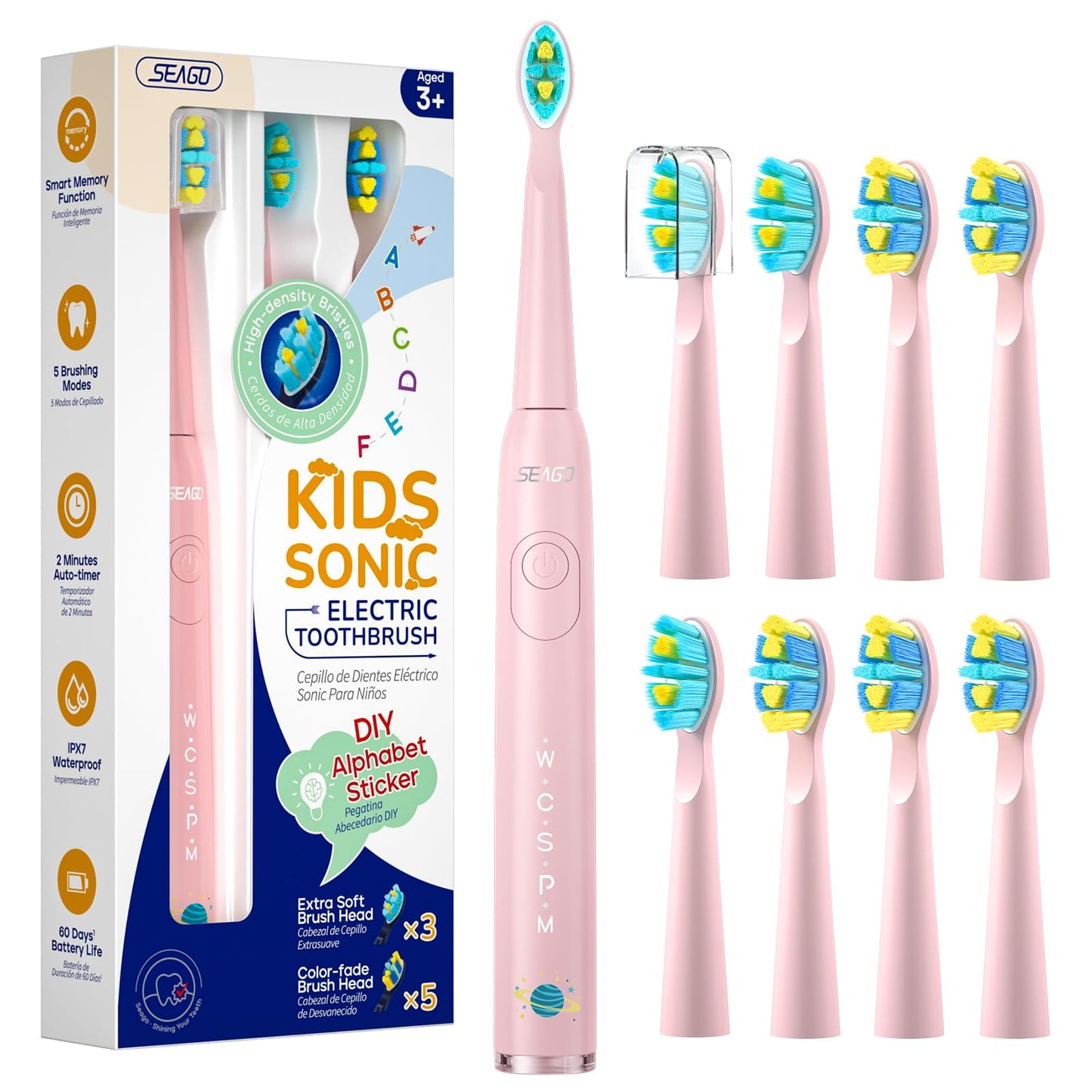 SEAGO Kids Electric Toothbrush, Rechargeable Sonic Soft Bristle Toothbrushes with 8 Brush Heads, DIY Stickers and 5 Modes, Ideal for Kids and Children, Ages 3–12,SG2303(Pink)
