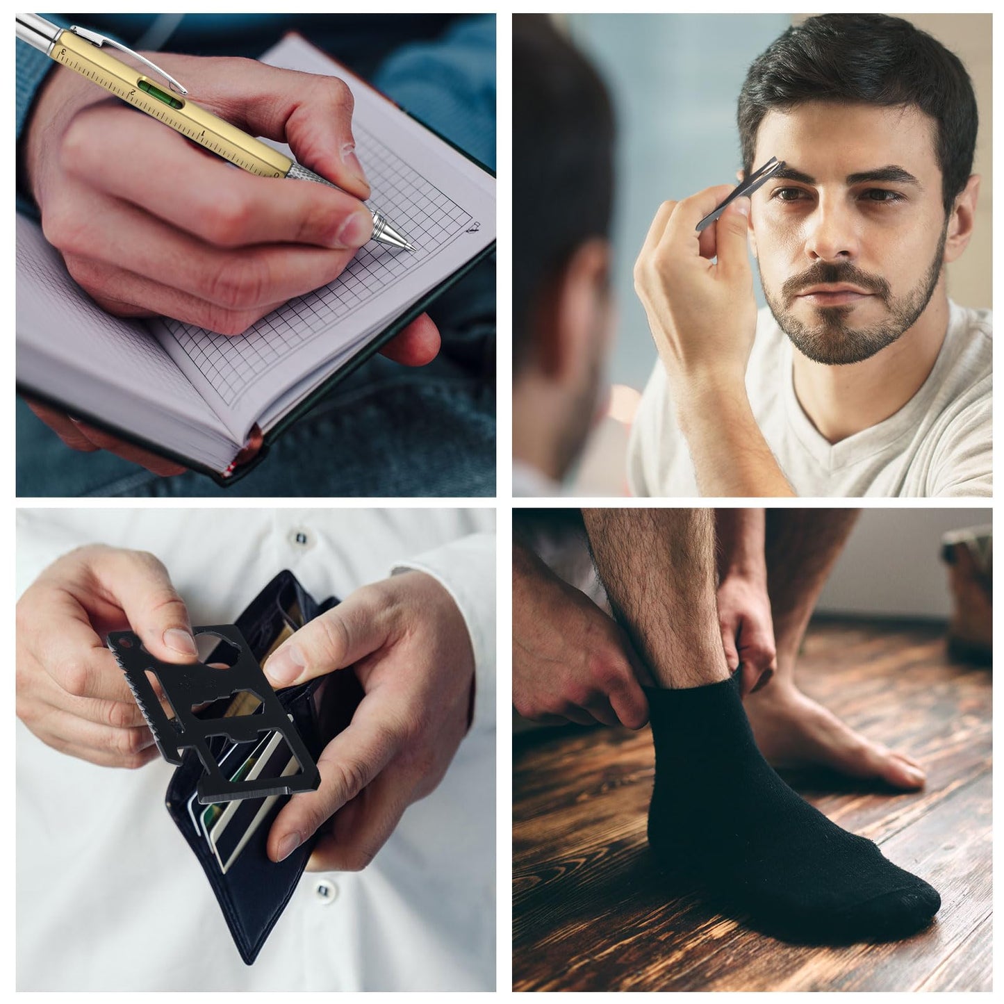 Leriton 6 Sets Baby Shower Game Prizes for Men Include Black Kraft Paper Gift Bags Manicure Kit Tools Socks Pens 11-in-1 Survival Card Tool for Men Husband Father(Black,White,Gray)