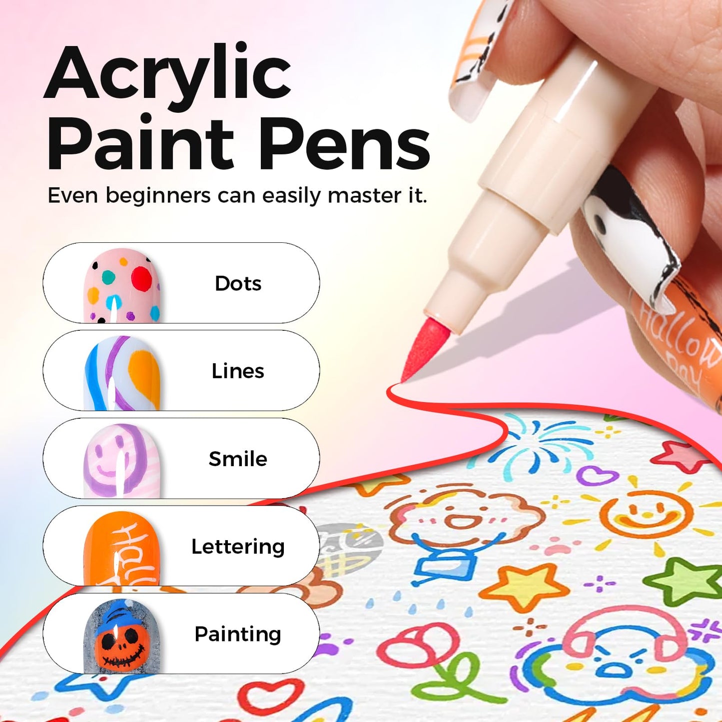 GELLAKTIK 12 Colors Nail Art Pens Set, 3D Nail Polish Pens, Quick-Drying Acrylic Paint Markers, 0.7mm Dotting Painting Liner Brush for DIY Nail Design, Home & Salon Manicure Tools