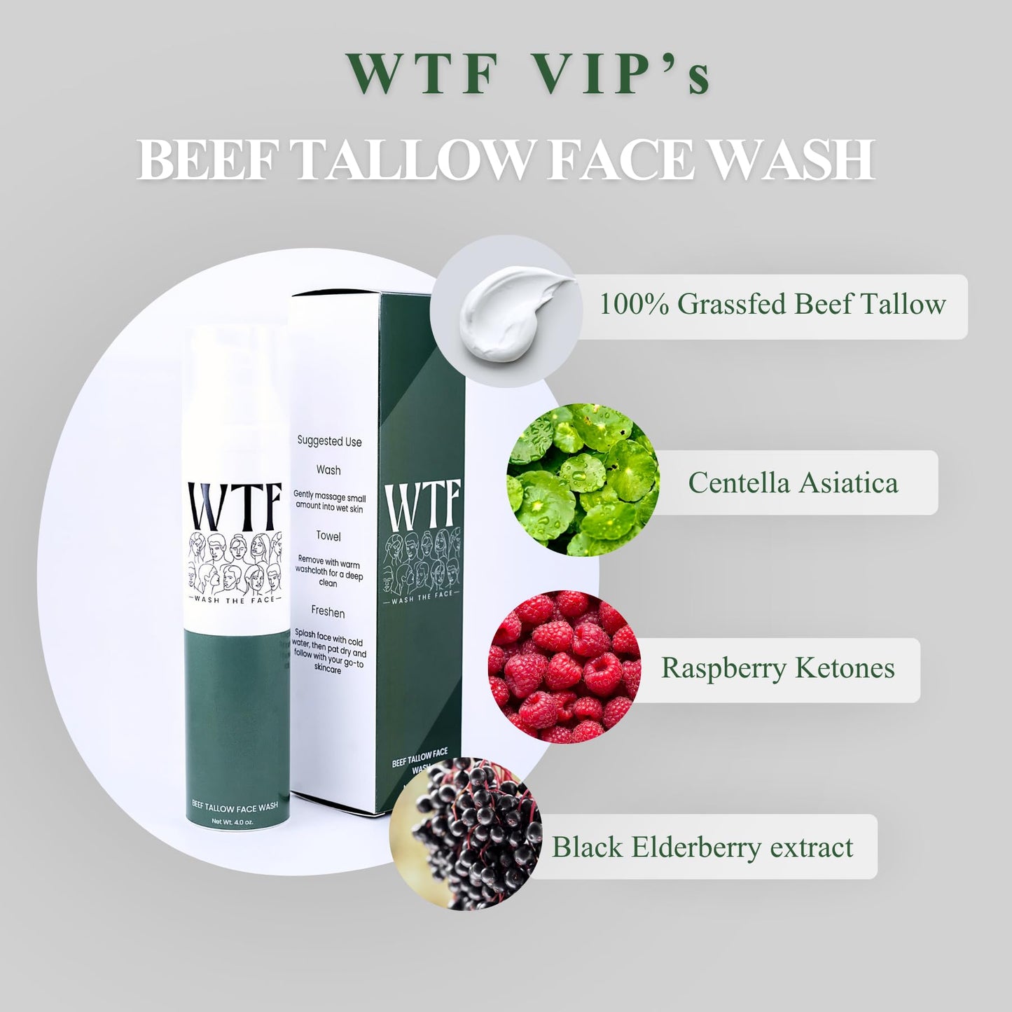 Beef Tallow Face Wash – Grass Fed – Gentle Moisturizing Cleanser – Centella for Sensitive & Acne Prone Skin – No Harsh Chemicals – Non Stripping Cream Face Wash – 4 oz – Wash The Face