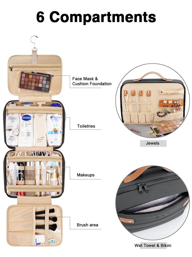 COOSKY Women's Hanging Toiletry Bag, Waterproof Travel Cosmetic Organizer with Jewelry Storage, Large Capacity Makeup Case for Full-Size Skincare & Bathroom Essentials, Portable Cosmetic kit, Black
