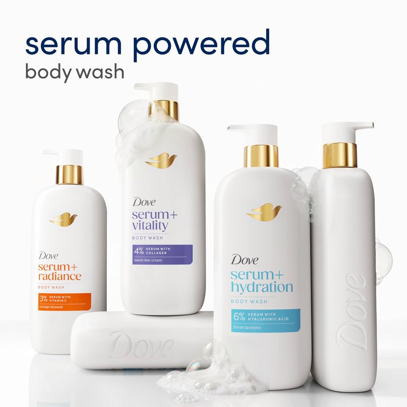 Dove Body Wash Vitality Renewal Promotes firmer, supple skin 4% restoring serum with collagen 18.5 oz