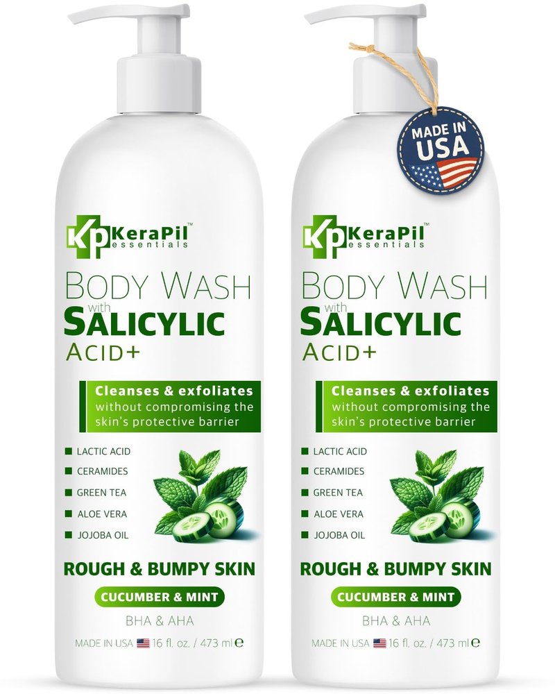 KERAPIL Exfoliating Body Wash with Salicylic Acid - No Dry Out, Gentle Exfoliates Rough and Bumpy Skin, Body Acne Wash, BHA & AHA - Cucumber and Mint Salicylic Acid Body Wash - (16 fl oz)