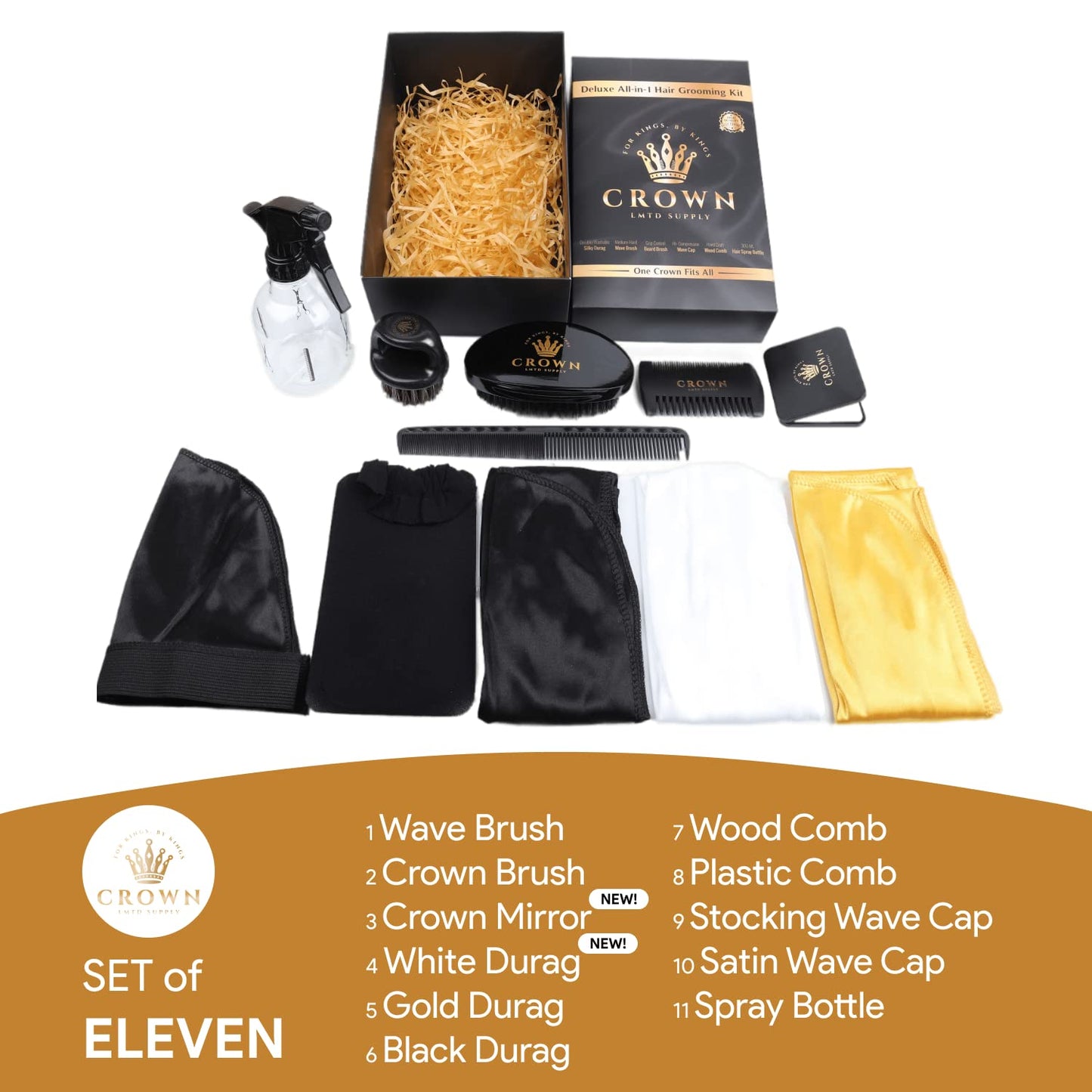 11-in-1 Deluxe Wave Hair Care Set - 3 Durags, Wave Brush, Bristle Beard Brush, Wave Comb, Spray Bottle, 2 Stocking Caps, Mirror for Men