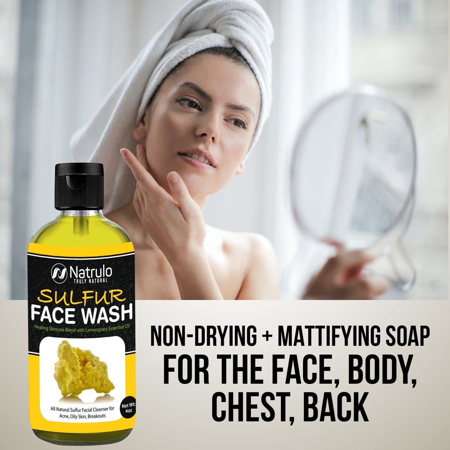 Sulfur Face Wash for Acne – All Natural Sulfur Facial Cleanser for Oily Skin, Breakouts – Healing Skincare Blend with Lemongrass Essential Oil – 4oz Mattifying Cleansing Soap Liquid, Made in USA