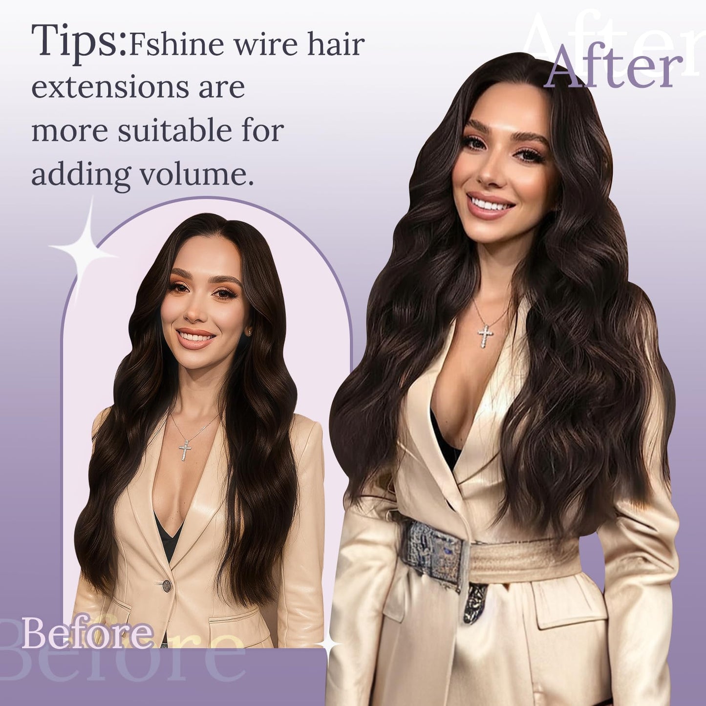 Fshine Invisible Wire Hair Extensions, Dark Brown Color 10 Inch 56G Hidden Wire Human Hair Extensions, Clip in One Piece Straight Hair for Women Add Volume