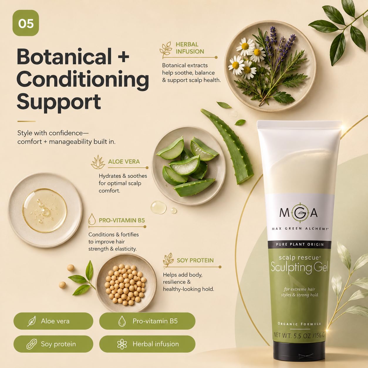 Max Green Alchemy MGA Vegan Sculpting Hair Gel Tube - Extreme Styling Hair Gel for Women & Men | Organic Formula of Styling Products Provide Strong Hold & Lasting Control | Color Safe | 5.5 Ounces