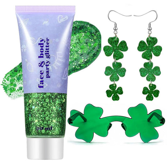 Go Ho Green Face Body Glitter,Shamrock Dangle Earrings for Women and Shamrock Sunglasses Set,St Patricks Day Accessories,St Patricks Day Shirts Outfits for Women