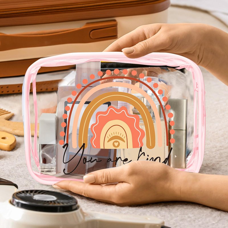 Hillban 12 Pcs Rainbow Clear Makeup Bag for Women Inspirational Quotes PVC Waterproof Cosmetic Bags Appreciation Travel Toiletry Pouch Gifts for Teacher Student Adults(Pink)