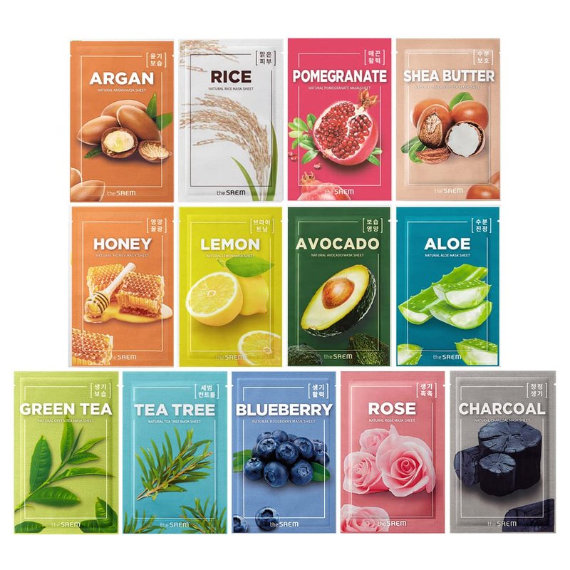 THESAEM Natural Sheet Mask Pack Set 20 Sheets - Korean Face Mask Variety Pack - Moisturizing, Revitalizing, Soothing, Elasticity - Vegan Sheet Essence Masks for All Skin Types