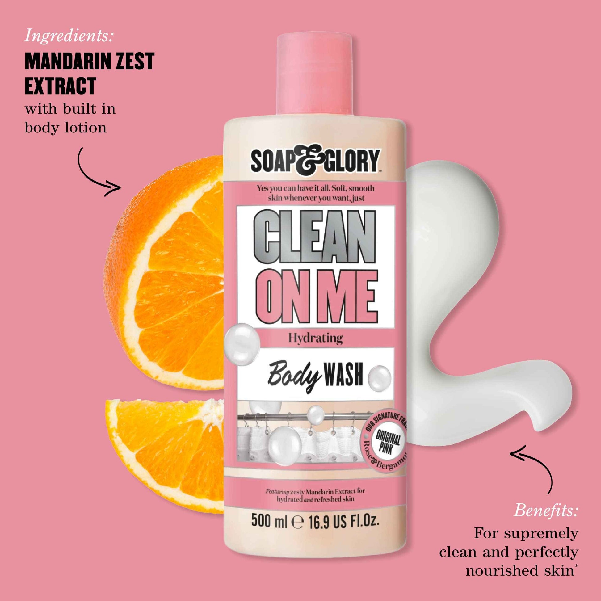 Soap & Glory Original Pink Clean On Me Body Wash - Hydrating Shower Soap & Skin Cleanser with Built In Body Lotion for Hydration - Bergamot & Rose Scented Moisturizing Body Wash (500 ml, 2 pack)