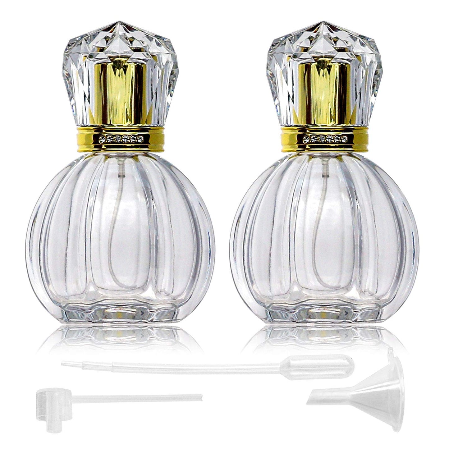 BTSuoYe 2PCS Refillable Perfume Bottles Empty Vintage Pumpkin Shape Portable Crystal Glass Atomizer with 50ML(1.76 oz) Fine Mist Spray with a Clear bottle, Gold nozzle, Acrylic cap (Pumpkin shape)