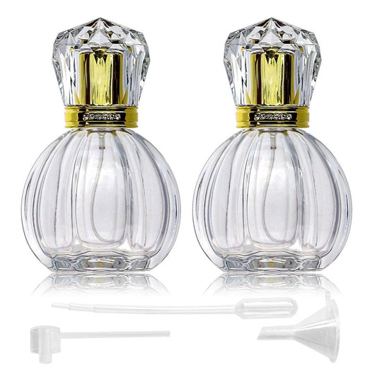 BTSuoYe 2PCS Refillable Perfume Bottles Empty Vintage Pumpkin Shape Portable Crystal Glass Atomizer with 50ML(1.76 oz) Fine Mist Spray with a Clear bottle, Gold nozzle, Acrylic cap (Pumpkin shape)