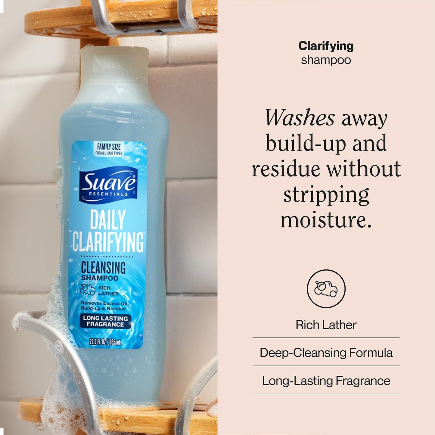 Suave Clarifying Shampoo - pH-Balanced Daily Cleanser for Oily Hair | Family-Size 4-Pack, 22.5 Oz Each