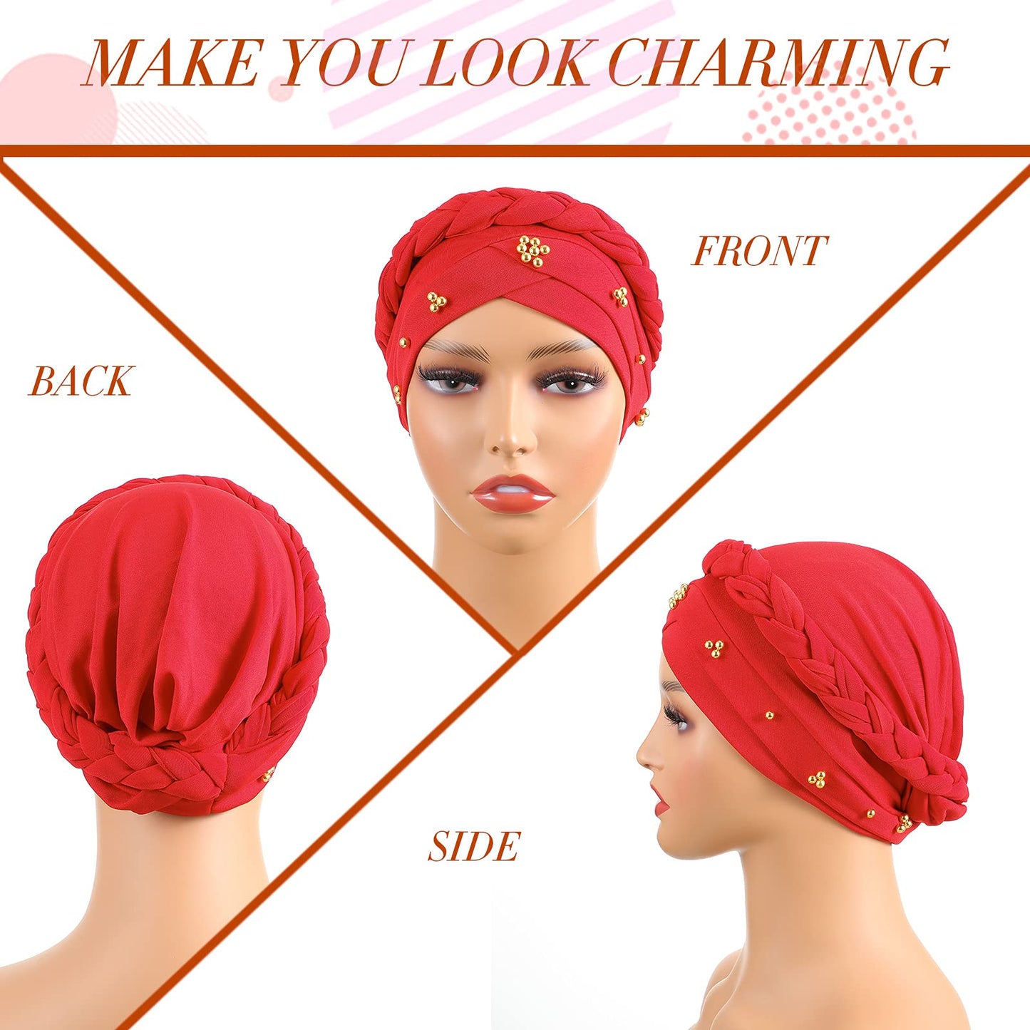 SATINIOR 9 Pcs Women Turban Braid Headscarf Braid Turban Wrap Pre Tied Twisted Hair Covered Beanie Beaded Headwear Cap(Fresh)