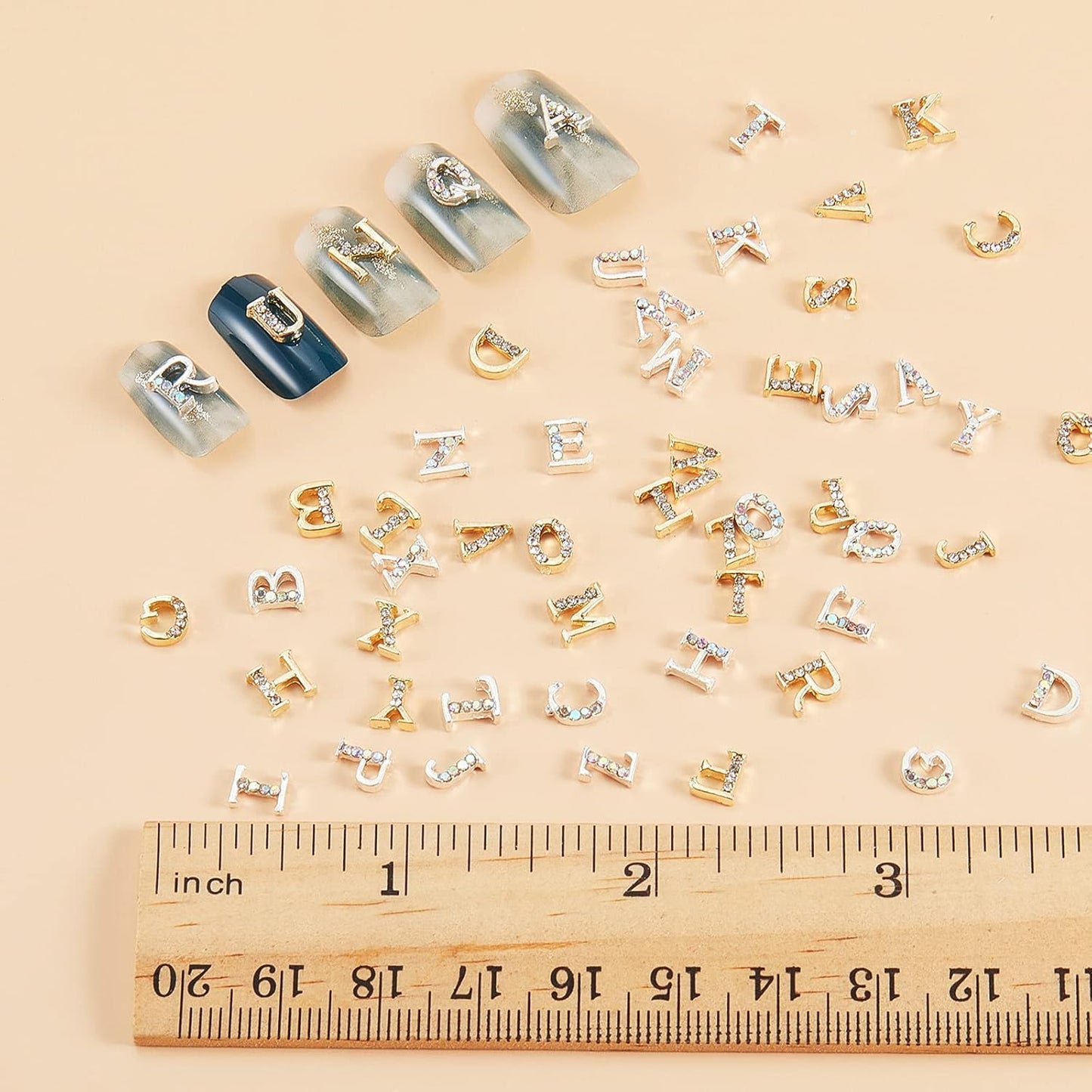 Gold & Silver 3D Letter Nail Charms - 104 Pcs Rhinestone Crystal Alphabet Decals for DIY Fingernail Art
