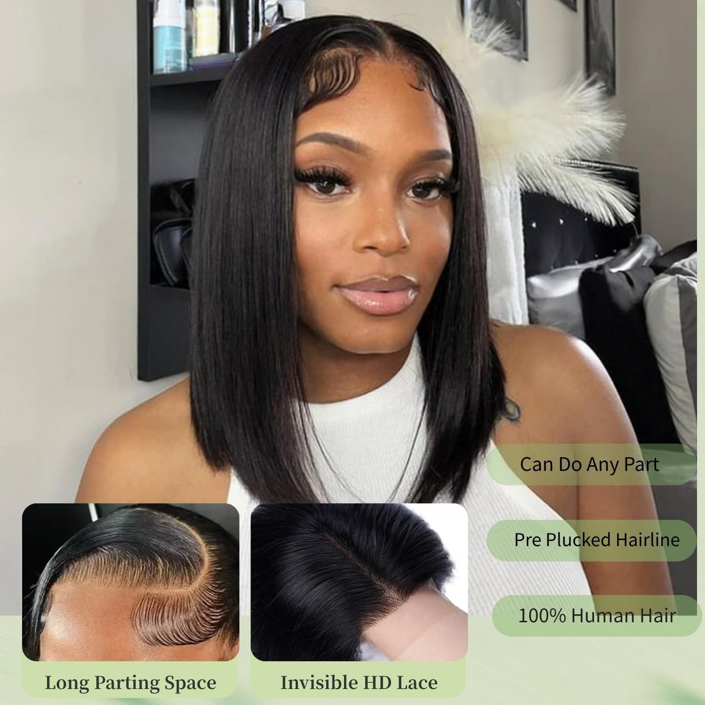 YFOXI Bob Wig Human Hair 13x4 HD Lace Front Wigs Human Hair Pre Plucked Short Straight Bob Lace Frontal Wigs for Black Women Straight Bob Human Hair Wig Glueless Wigs（6 Inch）