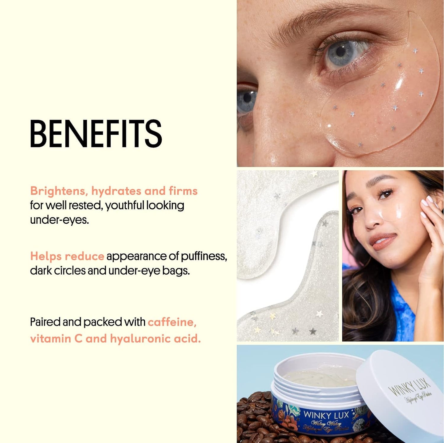 Winky Lux Hydrogel Eye Patches - Cooling Under Eye Treatment for Puffiness, Dark Circles & Bags | Infused with Caffeine & Vitamin C