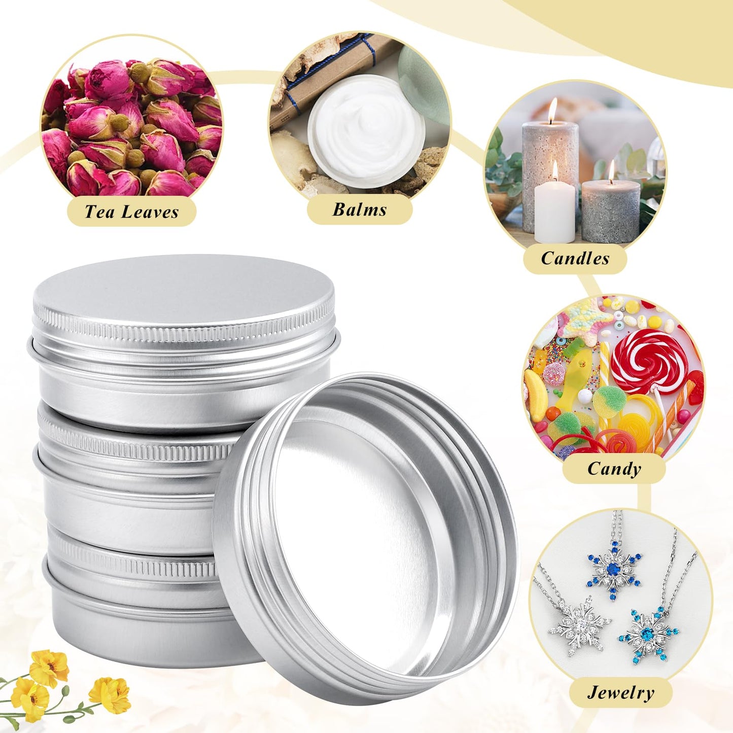 Bgtecho 60 Pack Aluminum Tin Cans, 2oz Metal Tins with Screw Lid, Aluminum Tin Jars, Round Tin Containers, Empty Metal Storage Tins, Small Tins for Lip Balm Cosmetic Lotion Bars Salve Spices Candles
