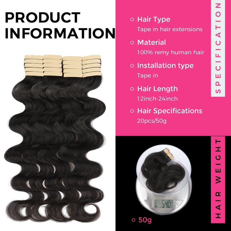 Lashey Tape in Hair Extensions Human Hair Body Wave 100% Remy Human Hair 16 Inch 50g/pack 20pcs Tape for Hair Extensions Natural Black Extensions for Black Women