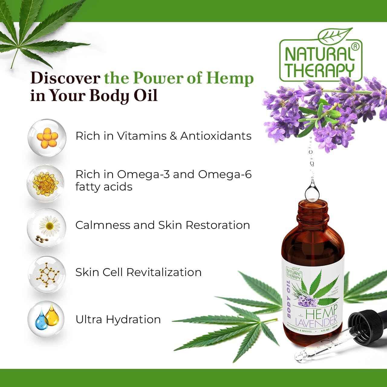 Natural Therapy Hemp & Lavender Body Oil – Moisturizing Body Oil – Hydrate & Soften Skin – Increase Skin Elasticity and Provide Anti-Aging Support (4 Fl.Oz)