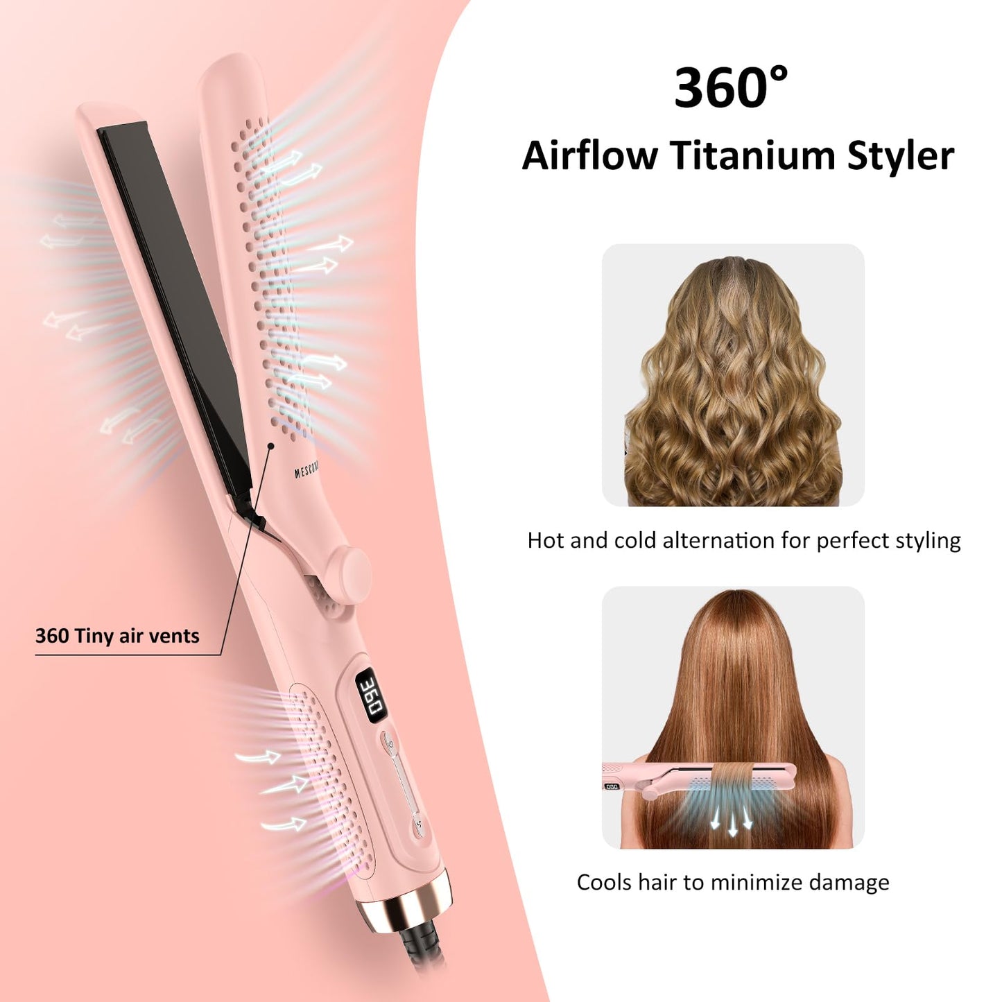 MESCOMB 360° Airflow Styler – 1 Inch 2-in-1 Hair Straightener & Curler with Vented Cool Air for Style Locking, Extra Long Flat Iron, Dual Voltage for European Travel