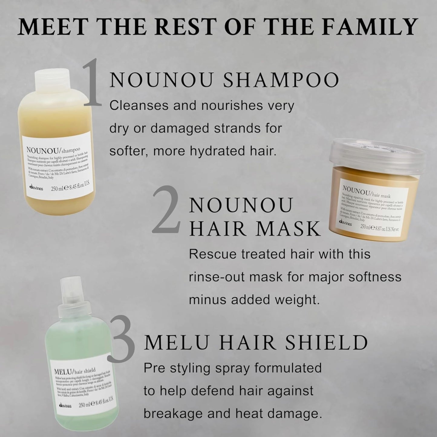 Davines NOUNOU Shampoo, Hydrating Gentle Cleansing Action for Highly-Processed, Chemically Treated, Dry, Damaged or Brittle Hair - Deep Nourishment Restores Softness with Tomato Extract, 8.45 Fl Oz