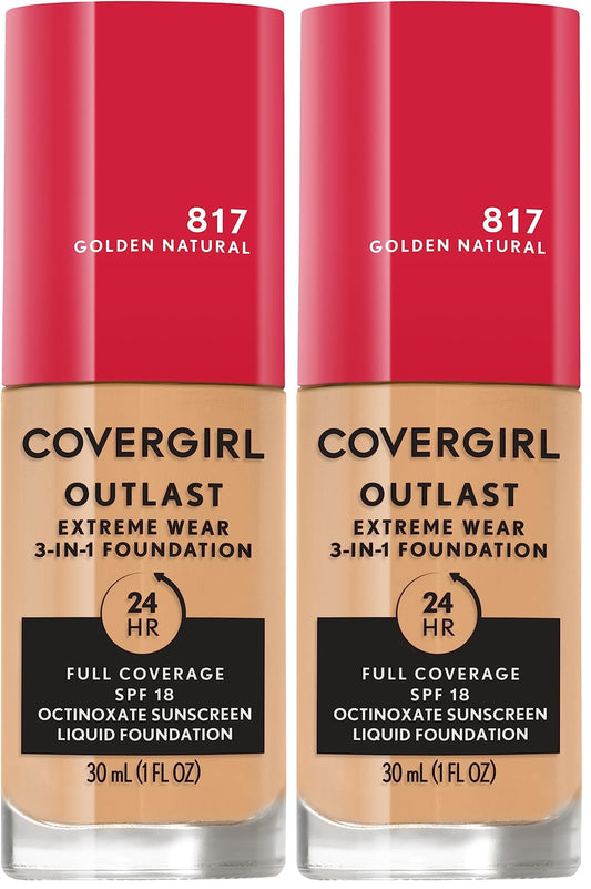 Covergirl Outlast Extreme Wear 3-in-1 Full Coverage Liquid Foundation, SPF 18 Sunscreen, Toasted Almond, 1 Fl. Oz. (Pack of 2)