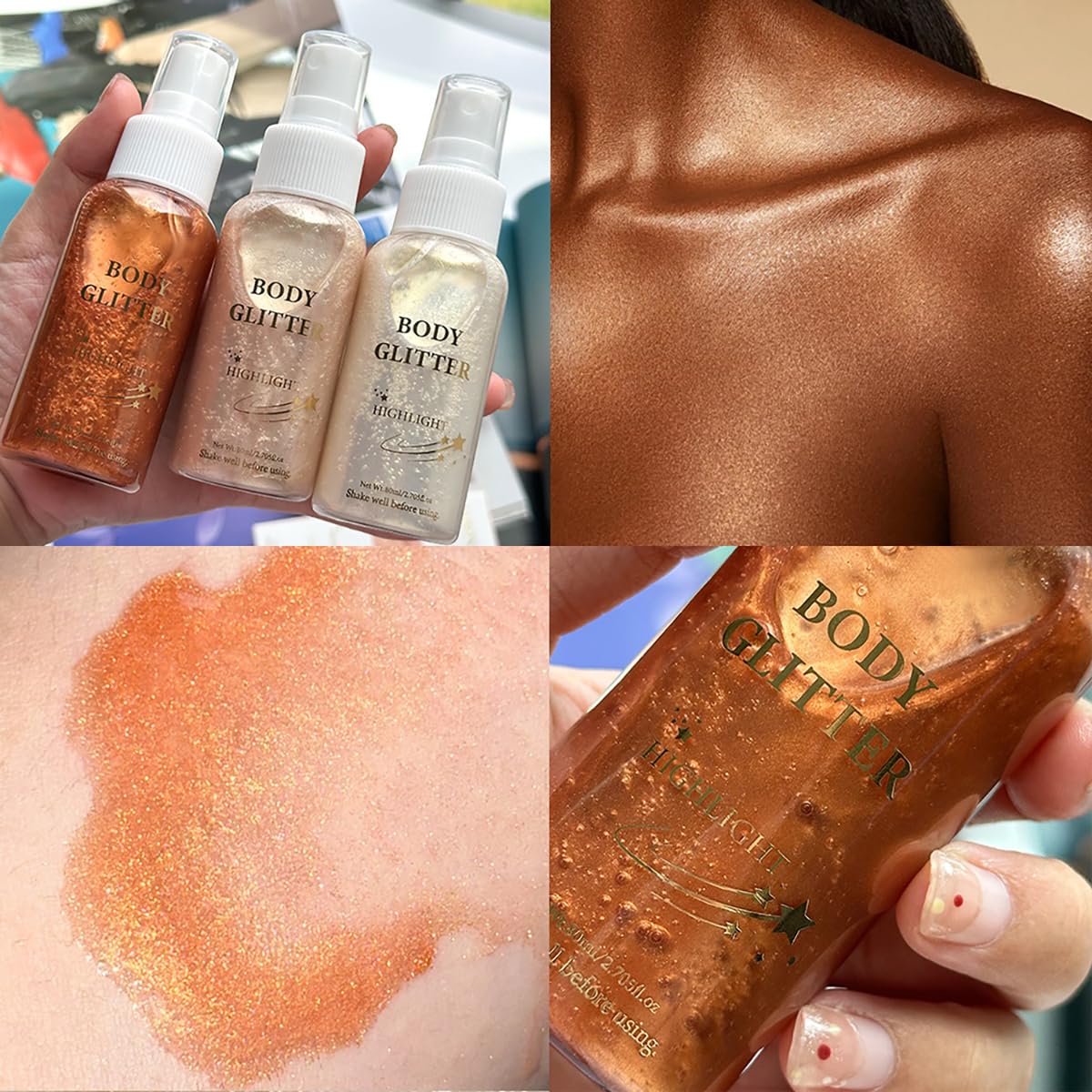 Body Glitter Spray Highlight, 4 Shimmering Color, Quick-Drying Formula Moisturizing Liquid Highlighter for Black/White Skin Women Men for Party, All Body Parts (# 03 Bronze)