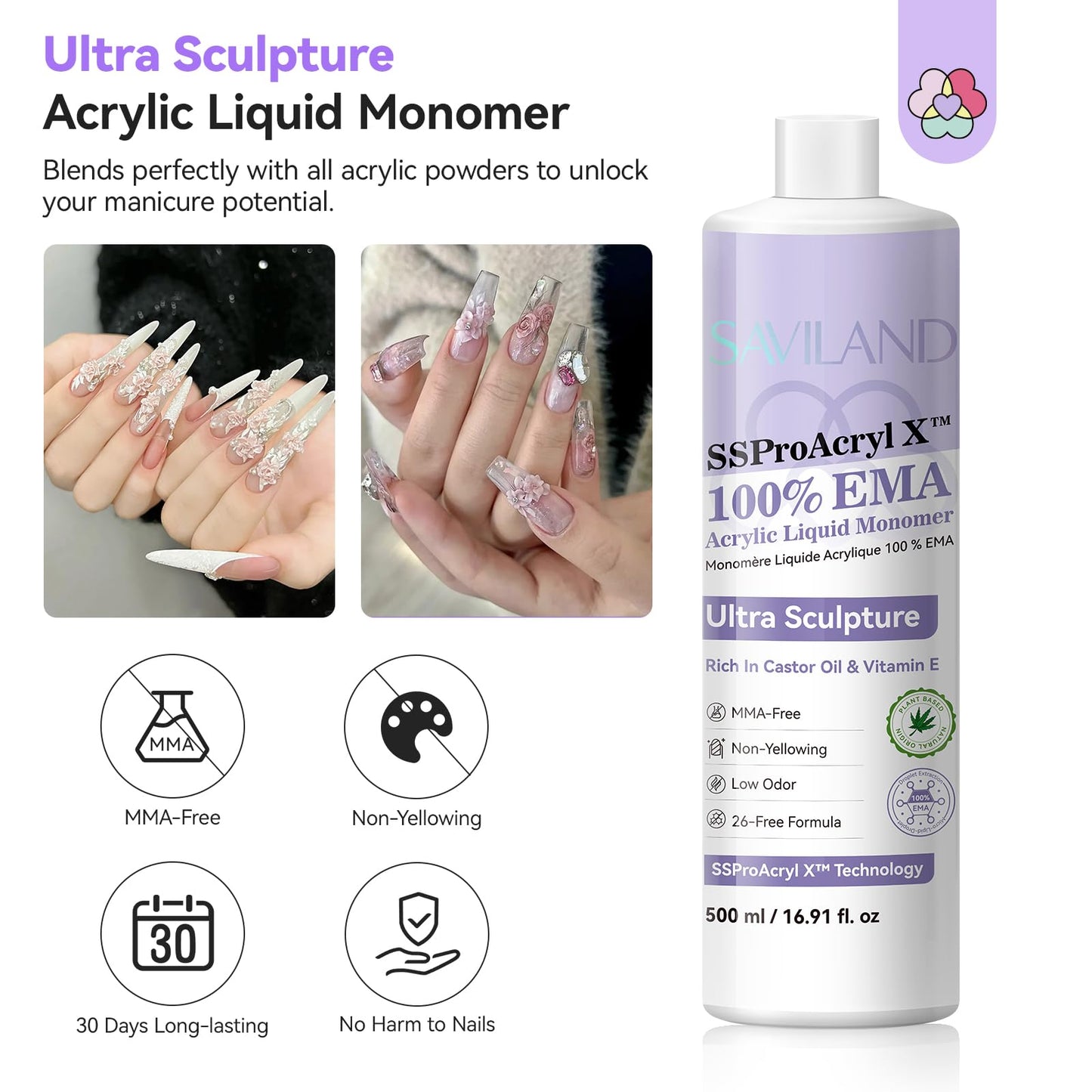 SAVILAND EMA Acrylic Liquid Monomer for DIY Nail Extensions, 16.91 oz