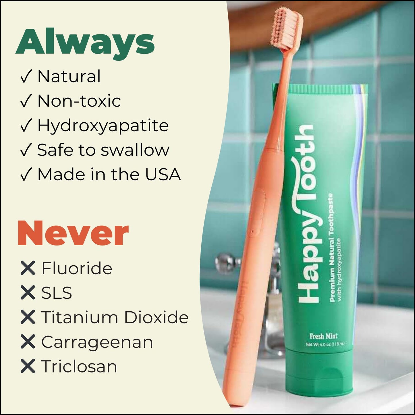 Happy Tooth Hydroxyapatite Toothpaste, Fluoride Free, Natural Whitening for Kids, Toddlers and Adults, SLS Free, Enamel Safe, Dentist Formulated with Clean Ingredients, Fresh Mint Flavor, 4.0 oz