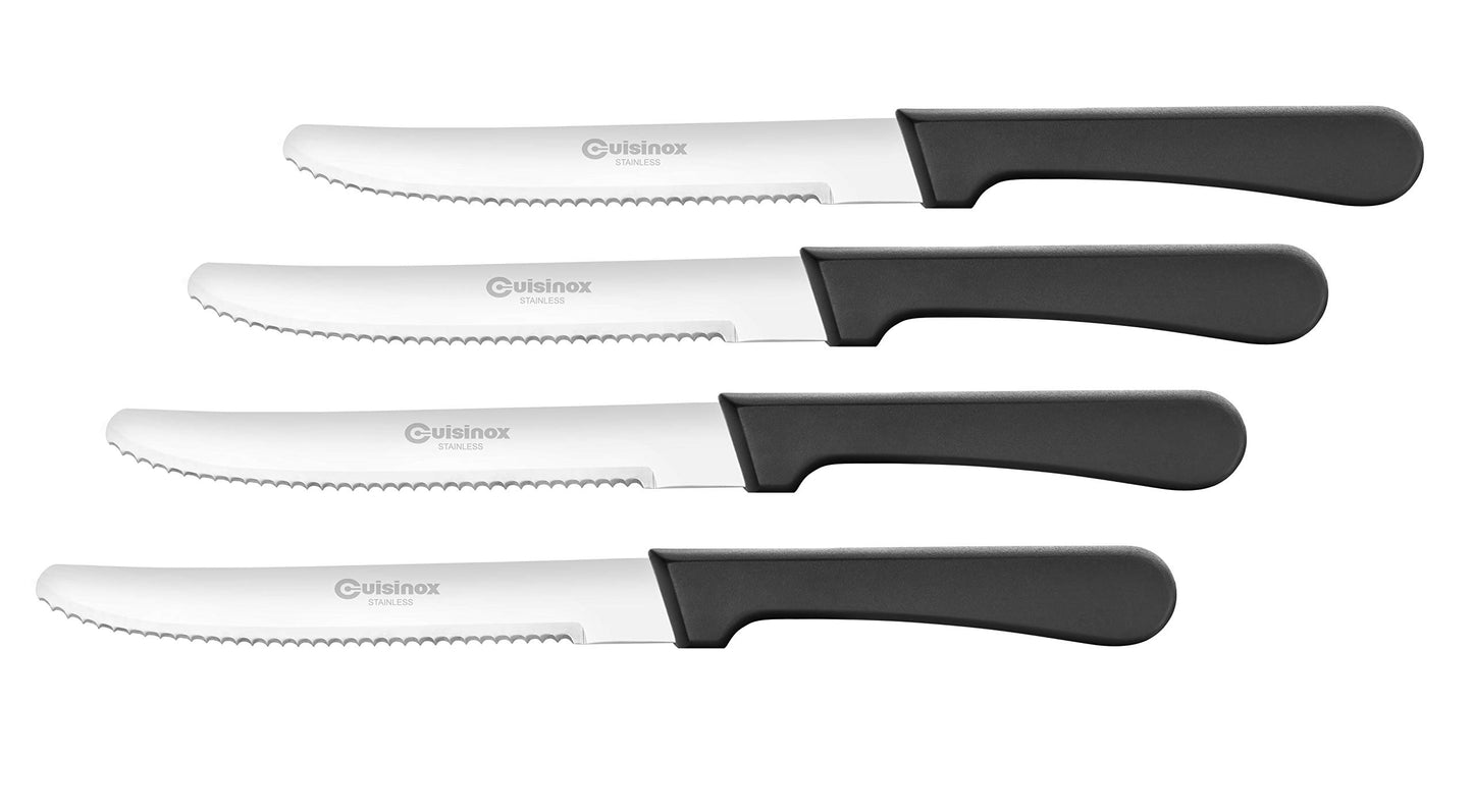 Cuisinox STK-44 Steak Knife Set of 4 Black Polypropylene Handle, with Rounded Tip, Stainless Steel, 9 inches in total length