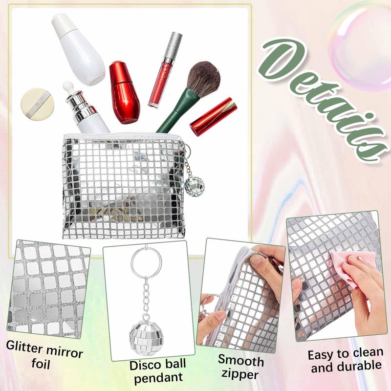 Locmeo 20 Pack Disco Party Favor Bags Sparkly Disco Ball Makeup Bachelorette Sequin Bag Portable Glitter Cosmetic Purse with Keychain for Bachelorette Wedding Birthday Retro Party Decoration (Silver)