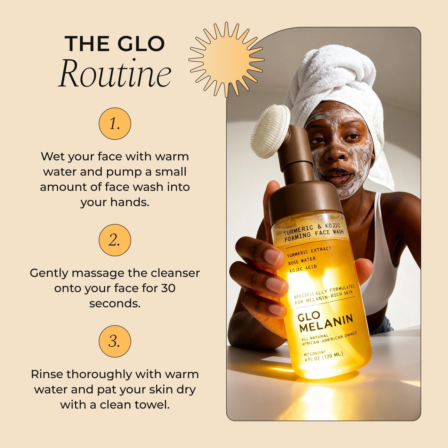 Glo Melanin Foaming Face Wash | Brightening Cleanser with Turmeric, Rose Water & Aloe - 4 fl oz, Paraben-Free