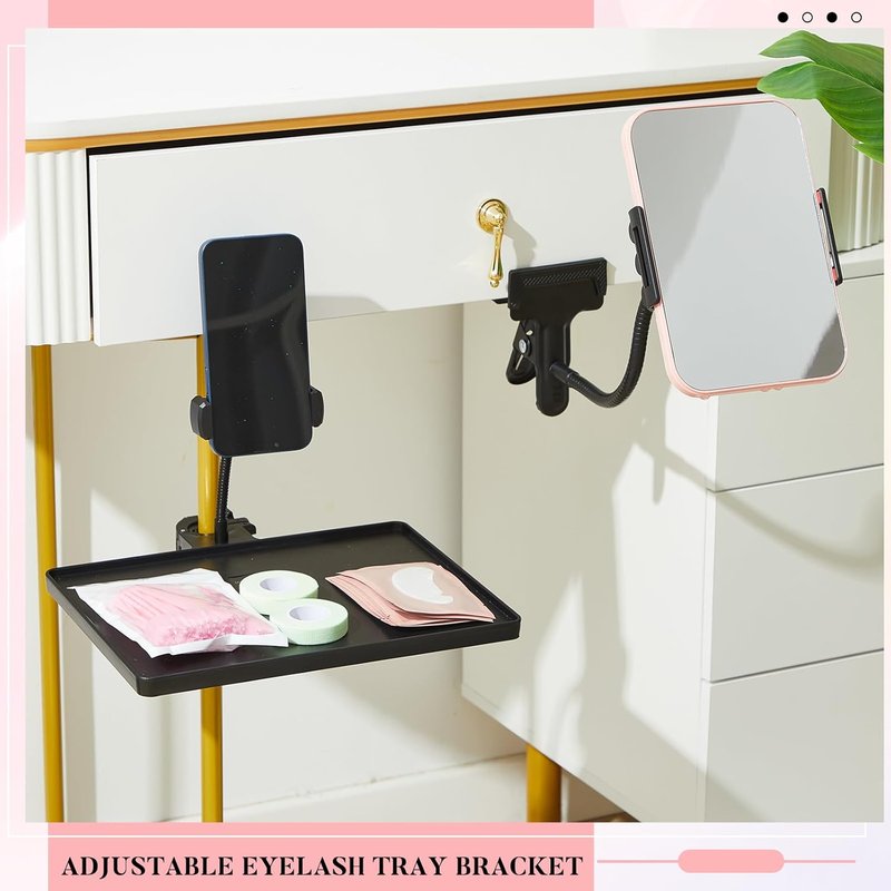 Adjustable Lash Tray Holder for Ring Light - 10.6" x 8" Organizer with Phone Holder & Makeup Mirror | Eyelash Extensions Supplies