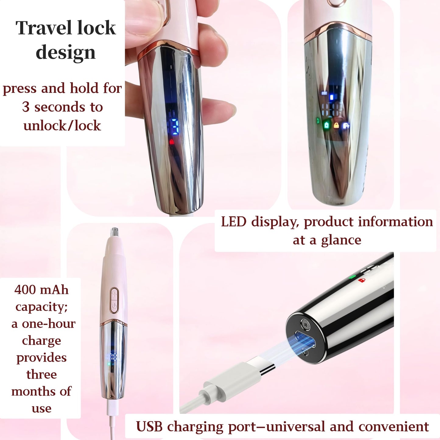 RFSCDI 5-in-1 Nose Hair Trimmer for Women, USB-C Rechargeable Painless Eyebrow & Facial Trimmer, IPX7 Waterproof Gift Set, LED Display with 5 Blade Heads, Sakura Pink